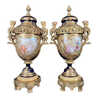 19th Century Pair of French Ormolu Sevres Porcelain Urns For Sale