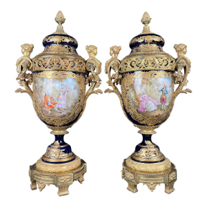 19th Century Pair of French Ormolu Sevres Porcelain Urns