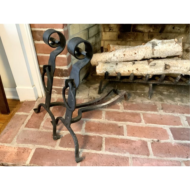 Arts & Crafts Antique Arts & Craft Style Wrought Iron Andirons—A Pair For Sale - Image 3 of 7