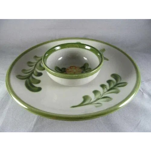 Vintage American Louisville Stoneware Country Flower Green Chip & Attached Dip Bowl For Sale - Image 6 of 7