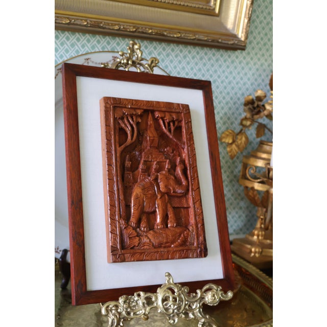 Mid-Century Modern Vintage Southeast Asian Carved Teak Elephant & Temple Relief on Silk For Sale - Image 3 of 16
