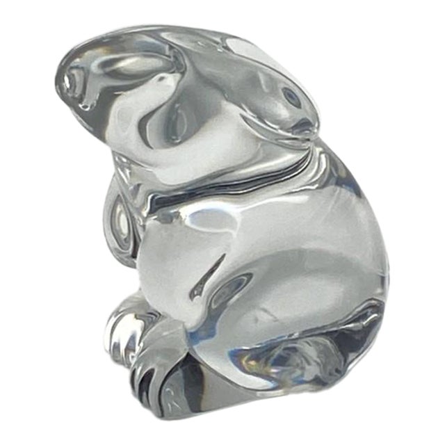 Late 20th Century Baccarat France Bunny Rabbit Clear Crystal Paperweight Figurine (Seated, Ears Back) For Sale