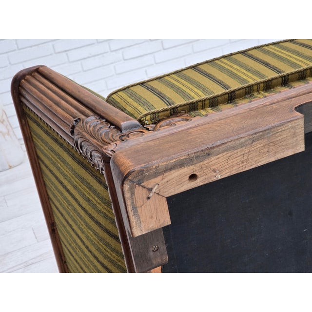 1950s, Danish 3-seater sofa. Original striped green furniture velour, dark oak wood, springs in the seat. Original good...