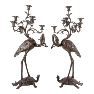 A Pair of French Japonaise Patinated Bronze Seven Light Candelabras