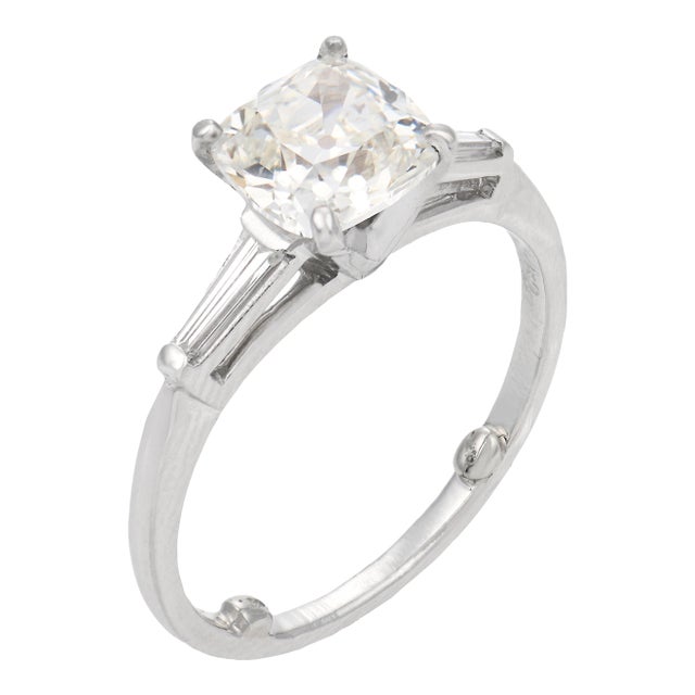 1930s Art Deco Gia 1.62 Carat Old Mine Cut Diamond Platinum Engagement Ring, Size 5.5 For Sale