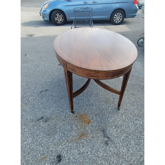 19th Century English 19th Century Mahogany Inly Oval Conference Table/ Center Table/ Desk Table. For Sale - Image 5 of 16