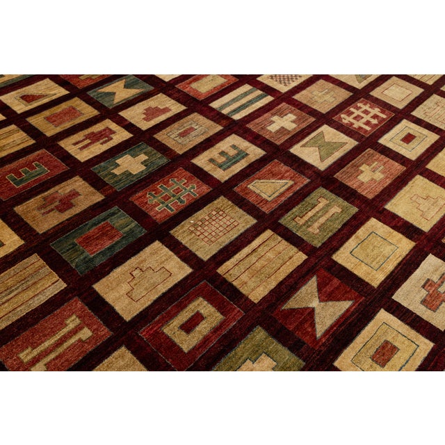 Modern Geometric Grid Hand-Knotted Wool Area Rug in Deep Burgundy & Earth Tones For Sale - Image 11 of 12