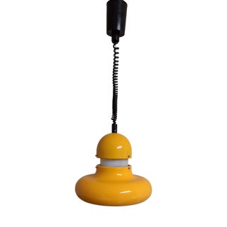 Vintage German Height-Adjustable Ceiling Lamp with Yellow Metal Housing and White Plastic Shade by Sölken For Sale