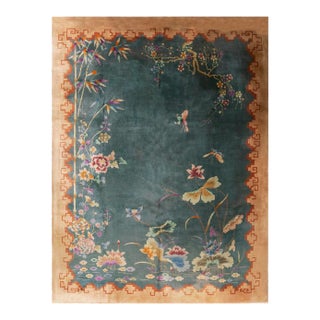 1920s Green Floral Modernist Chinese Art Deco Carpet 8'10" X 11'5" Knotted Wool Rug For Sale