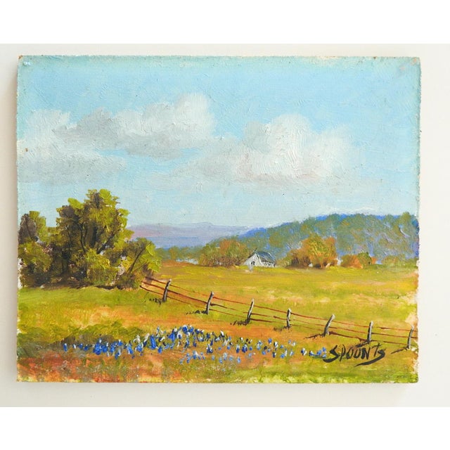 Rustic Small Late 20th Century Texas Bluebonnet Landscape Painting For Sale - Image 3 of 3
