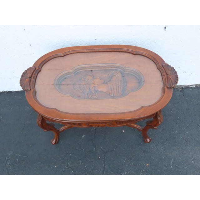 Heavy Hand Carved Cameo Coffee Table With Glass Top Serving Tray 6644 For Sale - Image 4 of 17