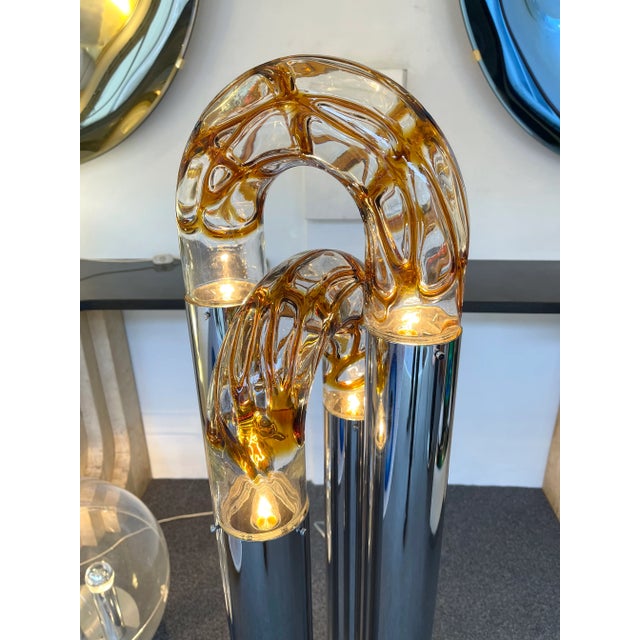 Mid-Century Modern Space Age ring floor lamp chrome metal, blown murano glass shade by Aldo Nason for the italian design...