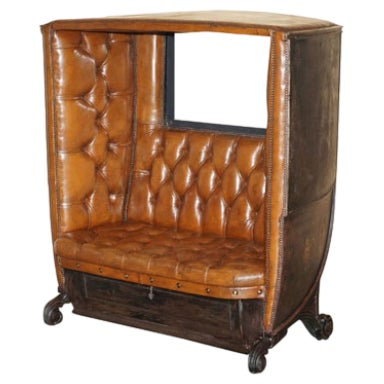 Victorian Brown Leather Carriage Seat Sofa with Royal Armorial Coat of Arms For Sale