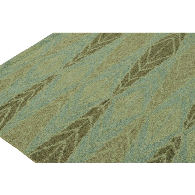 Contemporary 2010s Rug & Kilim’s Scandinavian Style Kilim With Green Geometric Patterns on Blue For Sale - Image 3 of 8