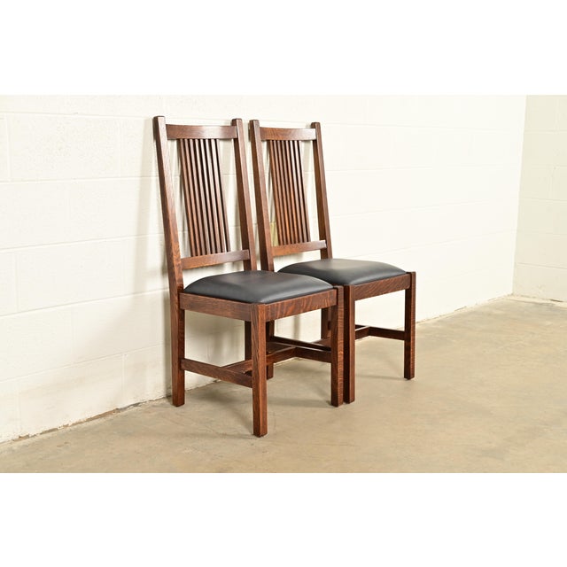 Late 20th Century Stickley Mission Oak Arts & Crafts Spindle Back Side Chairs or Dining Chairs | Pair For Sale - Image 5 of 16