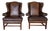 Pair of English Georgian Style Wingback Armchairs - Distressed Brown Leather For Sale