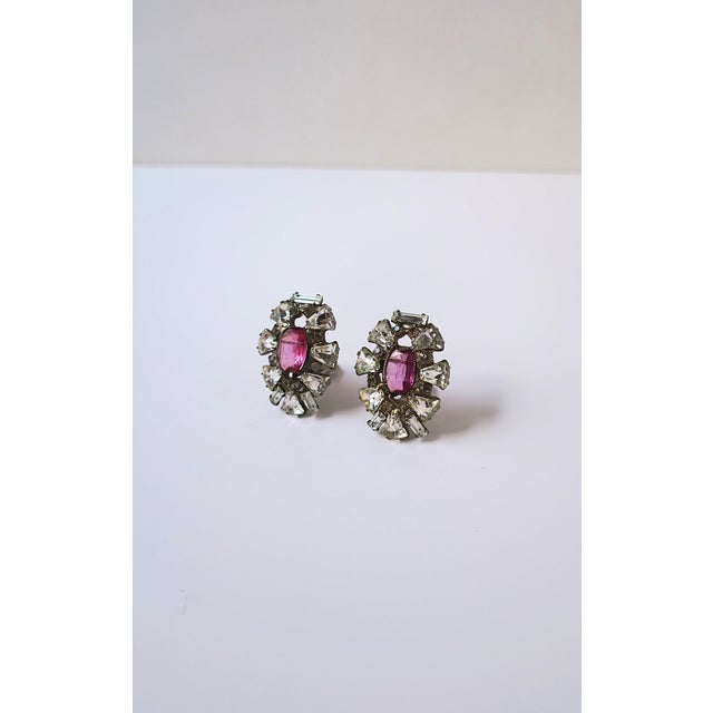 Transparent Rhinestone Cluster Earrings With Magenta Pink Accent, Circa Early 20th Century- Set of 2 For Sale - Image 8 of 12
