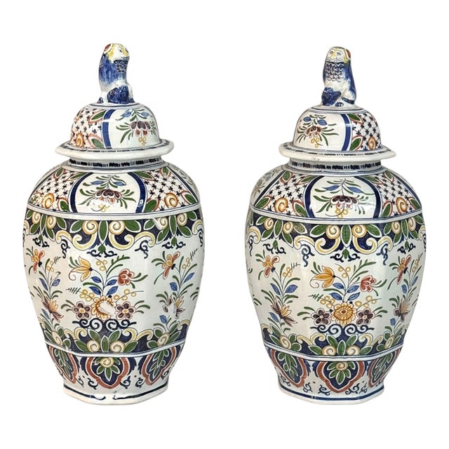 1900s Pair of Boch Frères Keramis Polychrome Lidded Urns For Sale