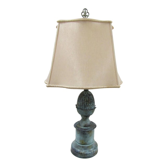 Vintage Bronze Acorn on Pedestal Table Lamp With Lampshade For Sale