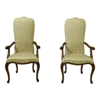 Pair French Louis XV Style Damask Upholstered Armchairs For Sale