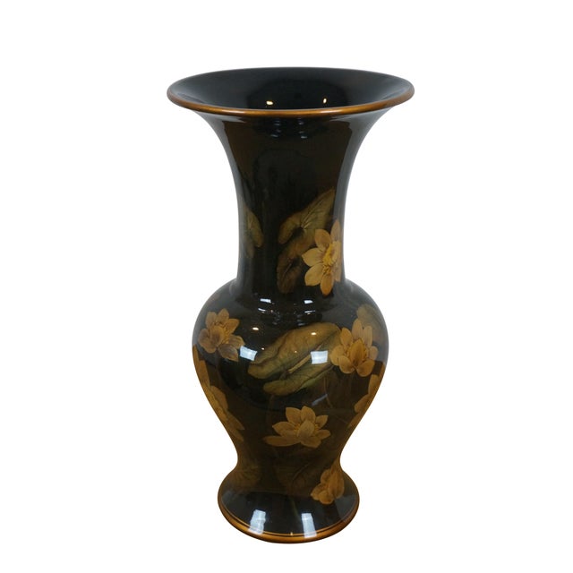 Chinese Vintage Chinese Black & Gold Lacquered Chinoiserie Lotus Flower Vase For Sale - Image 3 of 10