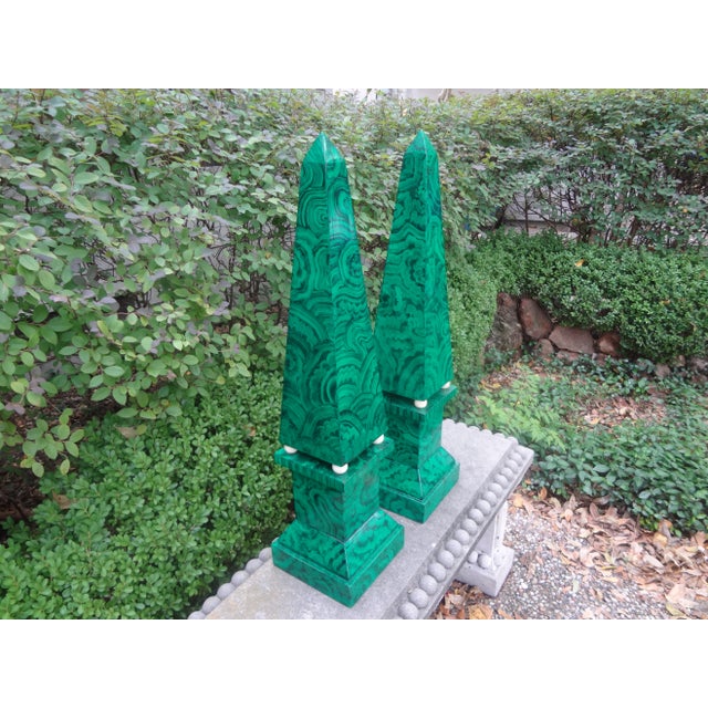 Wood Pair of Large Carved Wood Faux Malachite Obelisks For Sale - Image 7 of 12