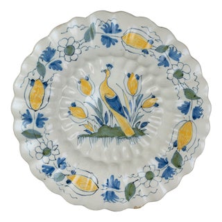 Delft Polychrome Lobed Dish with Peacock and Tulips, 1690s For Sale