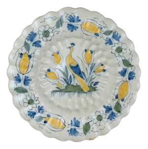 Delft Polychrome Lobed Dish with Peacock and Tulips, 1690s