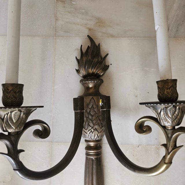 Chapman Manufacturing Company Large Neoclassical Regency Bronze Flame Motif Wall Sconces - a Pair For Sale - Image 4 of 11
