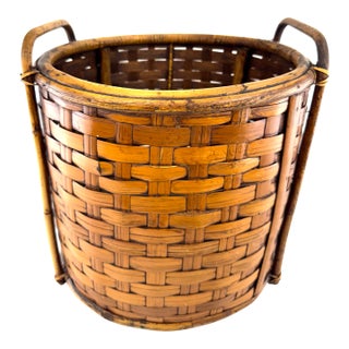 Vintage Handwoven Split Bamboo Gathering Basket With Bentwood Handles For Sale