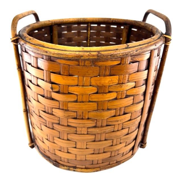 Vintage Handwoven Split Bamboo Gathering Basket With Bentwood Handles For Sale