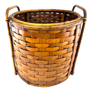 Vintage Handwoven Split Bamboo Gathering Basket With Bentwood Handles