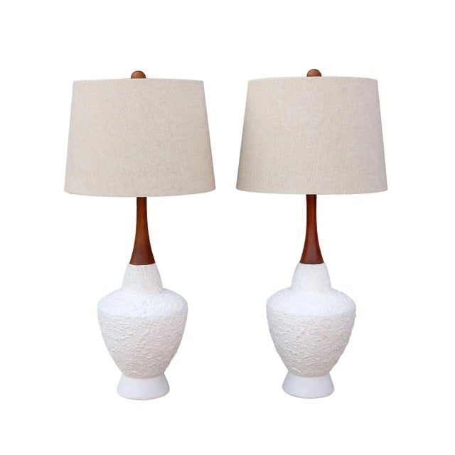 1960's Large-Scale Teak & Ivory Textured Plaster Danish Modern Style Lamps With Tweed Woven Drum Shades - a Pair For Sale - Image 10 of 10