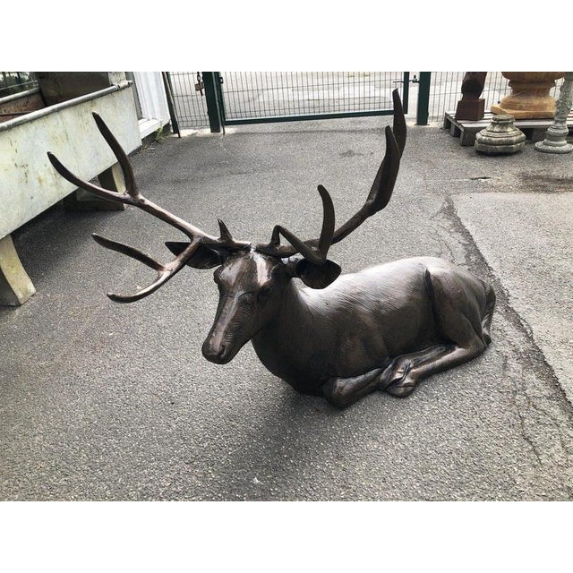 Large Life-Size Reclining Stag Garden Sculpture in Bronzed Cast Aluminium For Sale - Image 4 of 9
