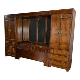 Vintage Campaign Style Thomasville Furniture Mystique 3 Section Modular Queen Bed Set W/Side Armoires For Sale