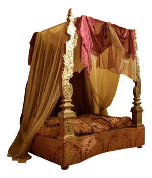 19th Century Italian Canopy Bed with Silver Friezes and Upholstered Purple Silk