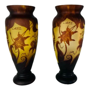 Late 20th Century Art Nouveau Galle Cameo Glass Style Vases - a Pair