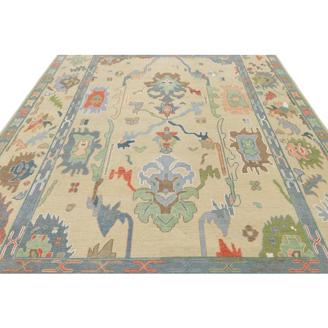 Modern Hand-Knotted Oushak Style Wool Area Rug in Pastel Palette and Soft Beige For Sale In New York - Image 6 of 12