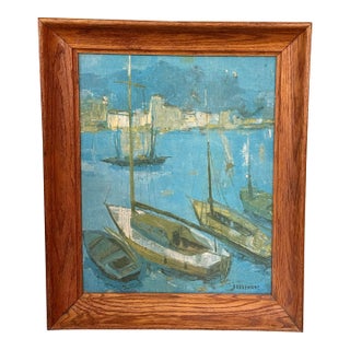 Mid-Century 1960’s French Impressionist Harbor Scene With Boats by Pierre Bordenave (French, 1900-1970), Oil on Canvas, Signed Lower Right For Sale
