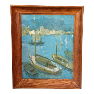 Mid-Century 1960’s French Impressionist Harbor Scene With Boats by Pierre Bordenave (French, 1900-1970), Oil on Canvas, Signed Lower Right