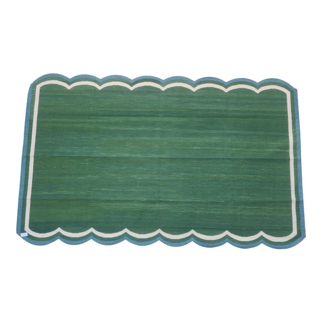 Handmade Cotton Scalloped Rug, Forest Green with Cream and Blue Border - 10'x14' For Sale