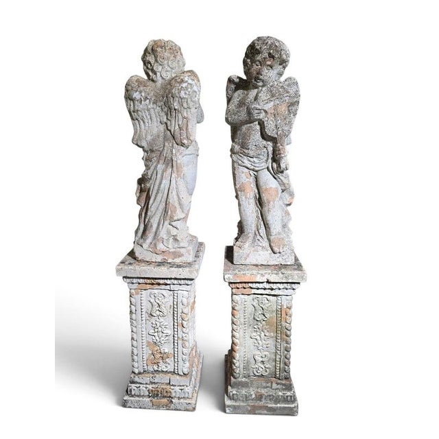 Antique Italian Terracotta Musical Cherubs on Pedestals, 1890, Set of 2 For Sale - Image 9 of 11