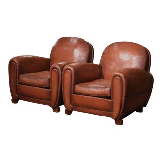 Pair of Early 20th Century French Club Armchairs With Brown Leather For Sale