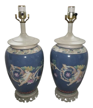 Vintage 1970s Chinese Porcelain Blue With Embossed Cherubs & Metal Base Table Lamps - a Pair