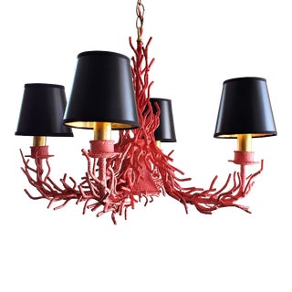 Mid 20th Century Modern Red & Pink Coral Chandelier Lamp With Black & Gold Metallic Shades - 5 Pieces Set For Sale