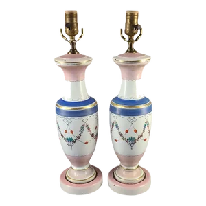 Pair Early 20th Century Victorian Milk Glass Hand Painted Classic Floral Garland Table Lamps