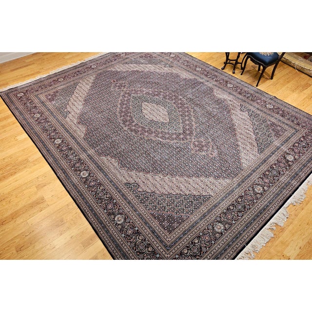 Antique Oversized Tabriz Mahi Rug, Hand-Knotted Wool & Silk, Herati Geometric Pattern, Navy & Burgundy, 12x15 For Sale - Image 15 of 18