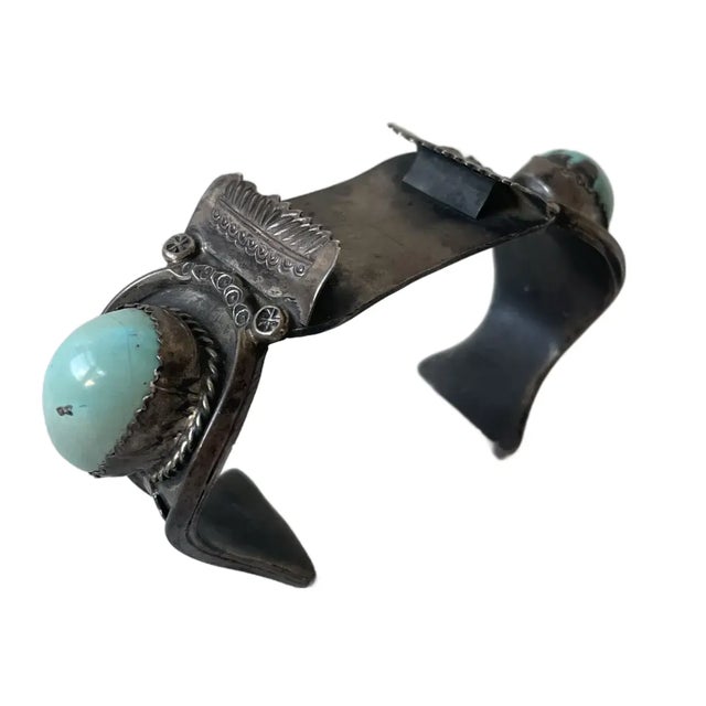 Rare Vintage American Sterling Silver and Turquoise Watch Band Cuff Bracelet For Sale In New York - Image 6 of 6