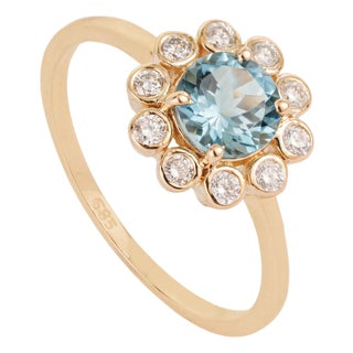 14k Yellow Gold Aquamarine & Diamond Vintage Sunburst Halo Ring Size 6.5 For Sale