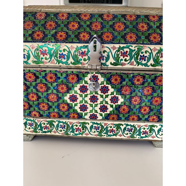 Metal Rare Enamel on Metal Handcrafted Decor Box ( Hinged) Enamel All-Over Silver Trim Wood Interior For Sale - Image 7 of 7
